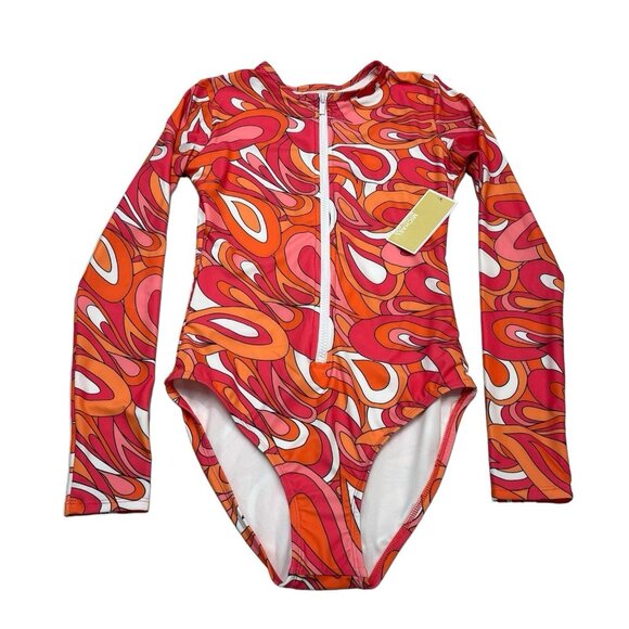 Michael Kors Swimsuit Rashguard Womens 6 Pink Multi Surf Paddle Groovy 70s Retro